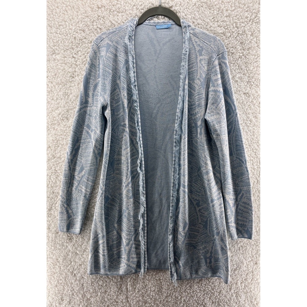 J. McLaughlin Blue White Fringe Trim Open Front Knit Cardigan Women's Small